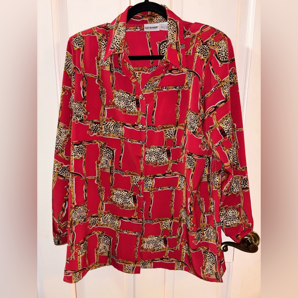 Liz Baker Red Leopard & Chain Print Blouse